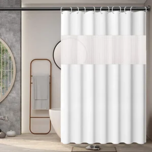 Shower Curtain with Snap-in PEVA Liner Set 71" x 71" Hotel Style with See Through Top Window Blue Fabric Curtain Waterproof Line